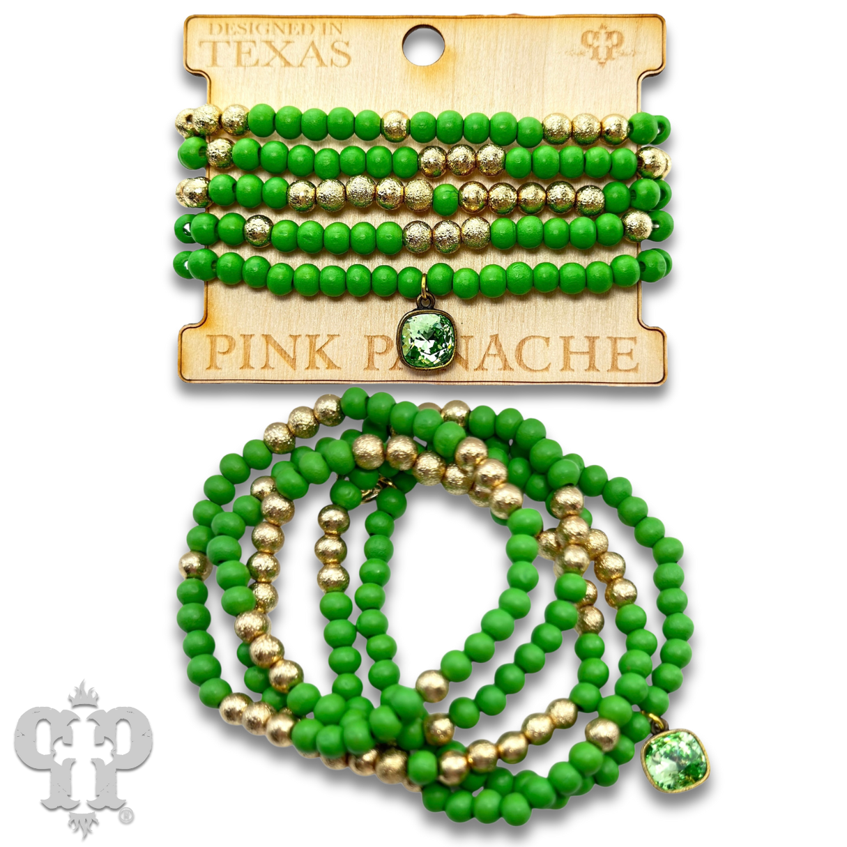 Round wood bead bracelet set, Austrian crystal: Green