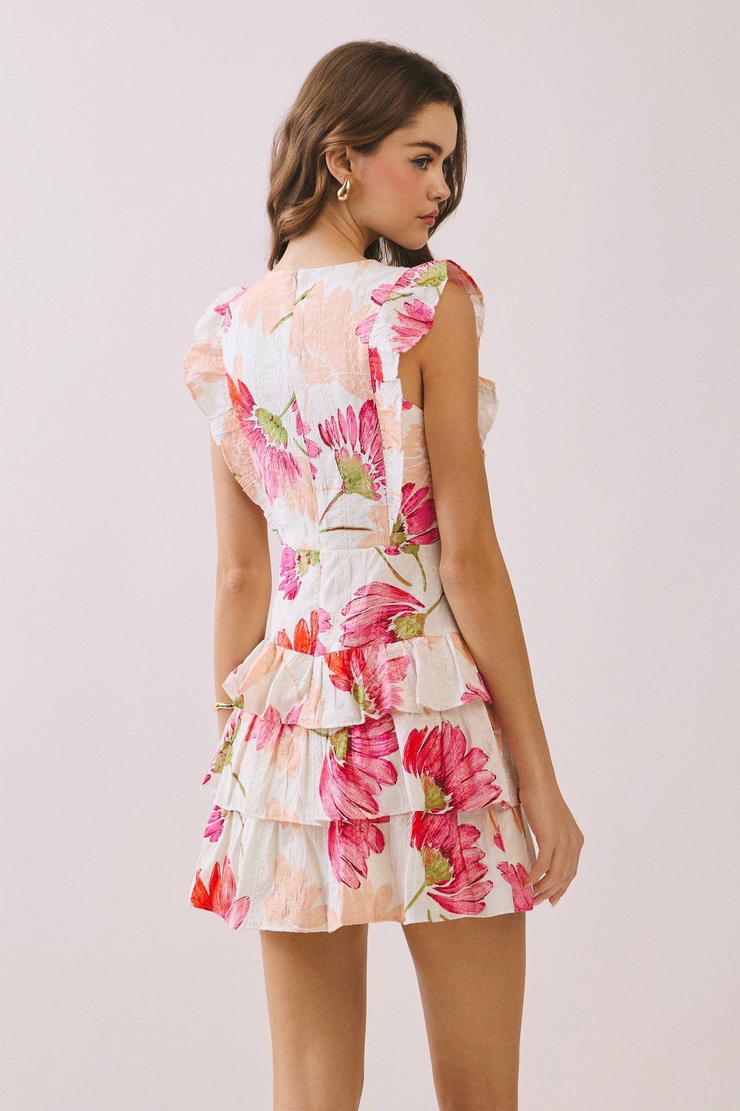 Floral Print Ruffle Detail Mini Dress in Peach and Pink