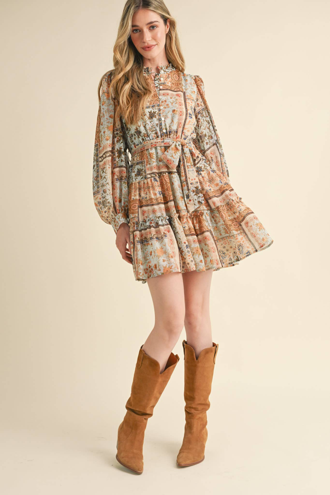 Dusty Blue Patch Print Dress