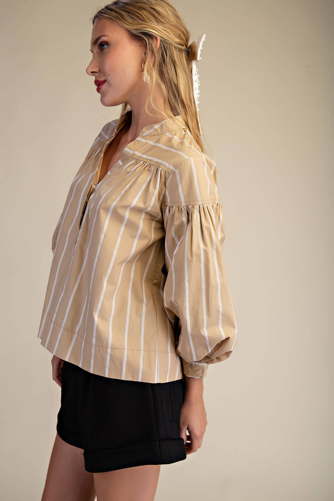 Puff Sleeve Striped Top in Tan