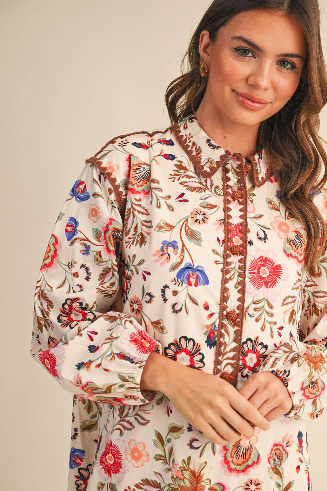 Blanket Stitch Floral Print Dress in Cream