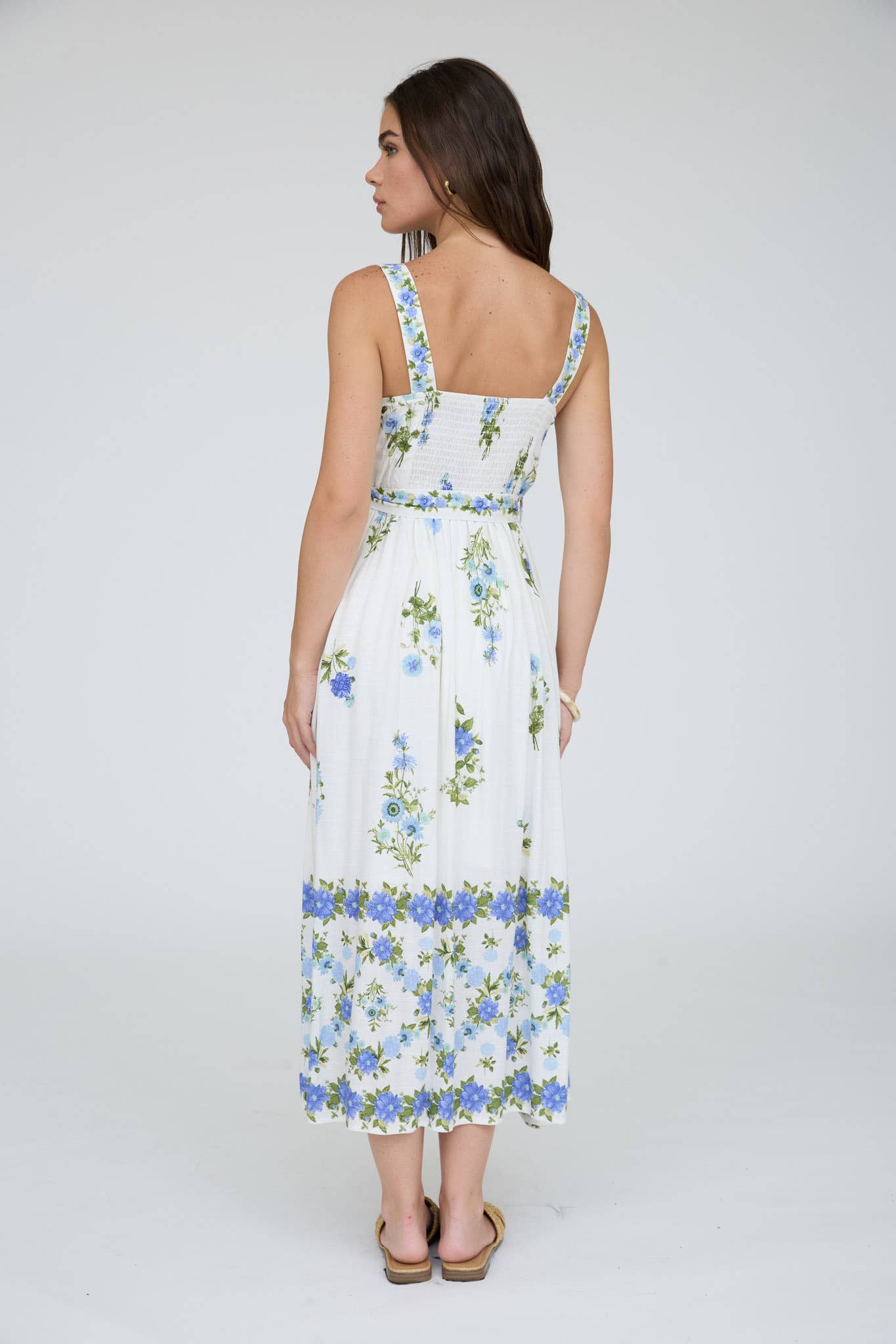 Floral Border Belted Midi Sundress in Blue Multi