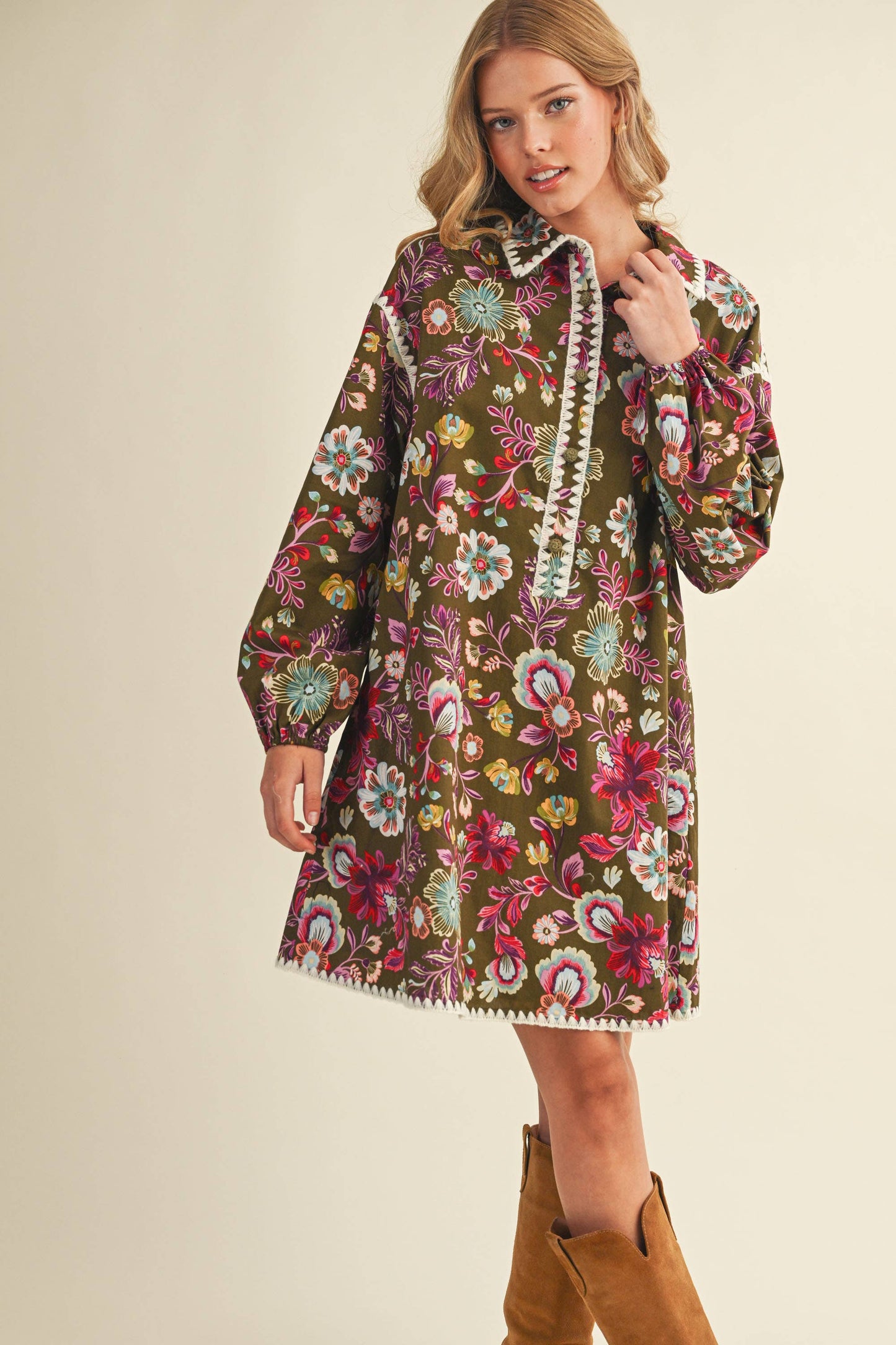 Blanket Stitch Floral Print Dress in Olive Multi