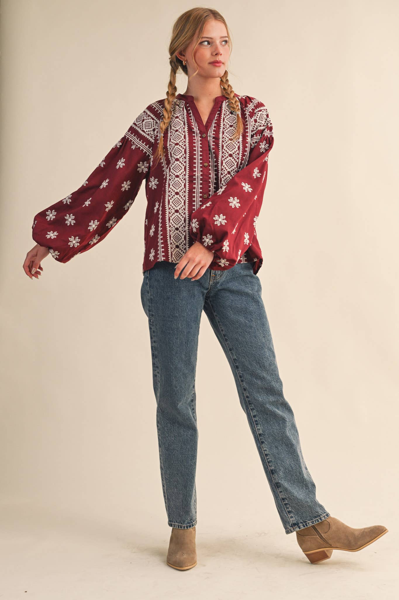 Embroidered Bubble Sleeve Top