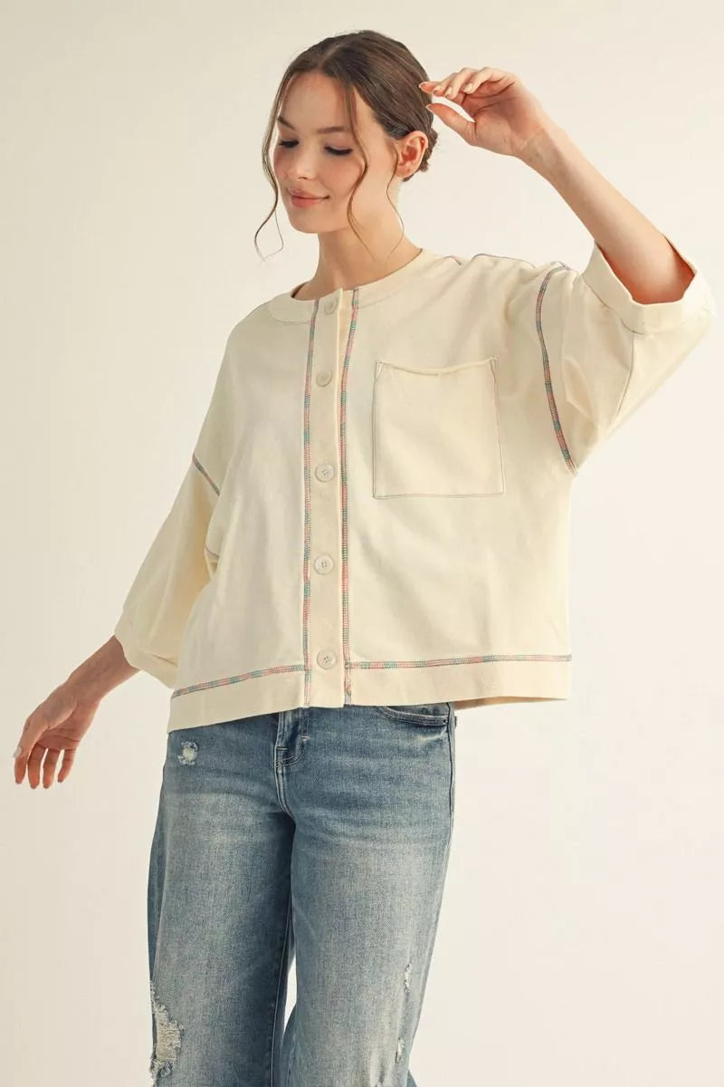 3/4 Sleeve Button Down Top in Cream