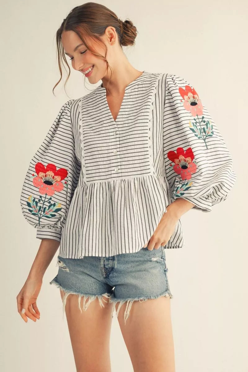 Puff Sleeve Striped Peplum Top