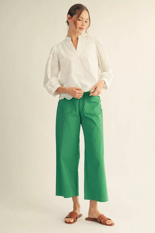 Cropped Green Scallop Bottom Pant