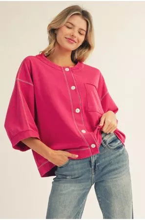 3/4 Sleeve Button Down Top in Dark Pink