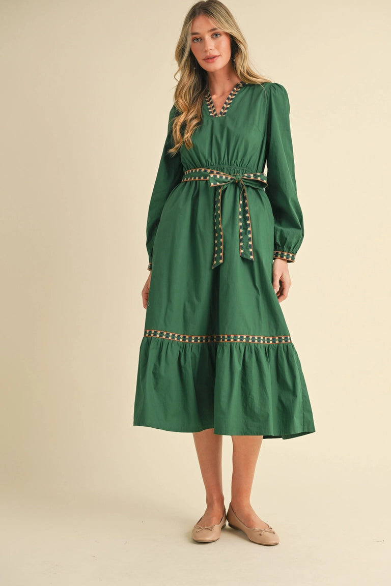 Hunter Green Embroidered Detail Midi Dress