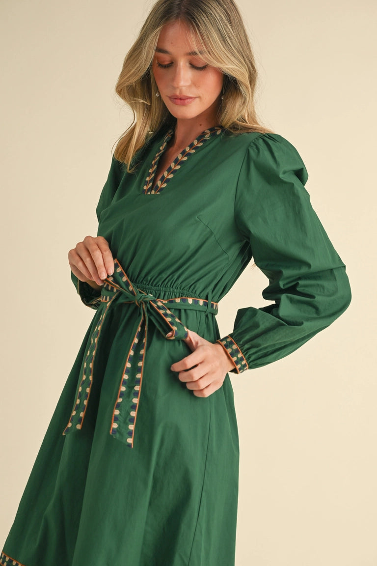 Hunter Green Embroidered Detail Midi Dress