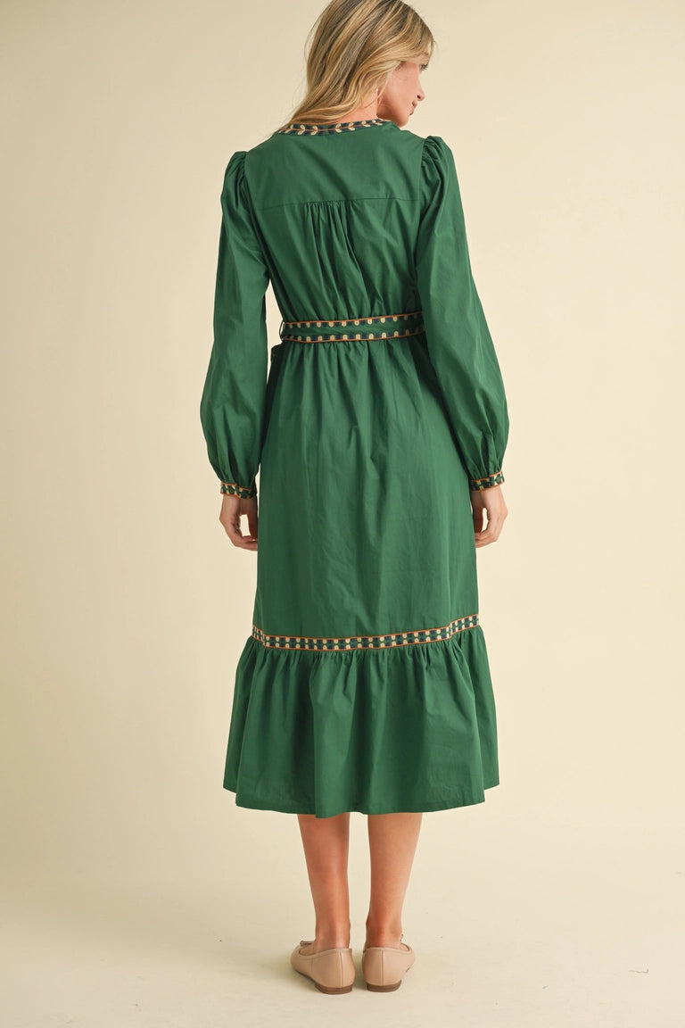 Hunter Green Embroidered Detail Midi Dress