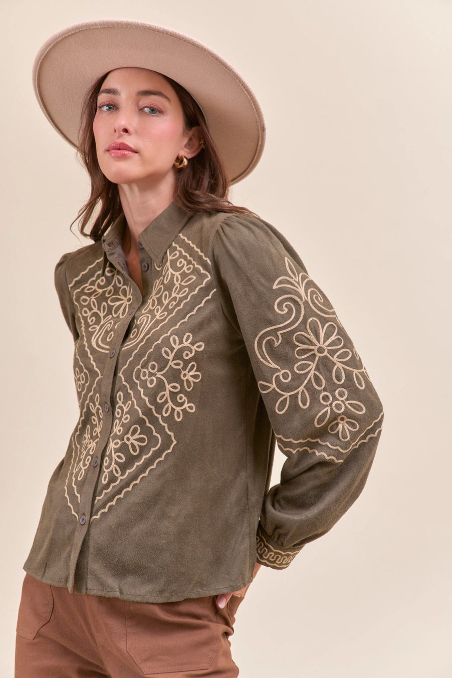 Suede Embroidered Button Up Top In Olive