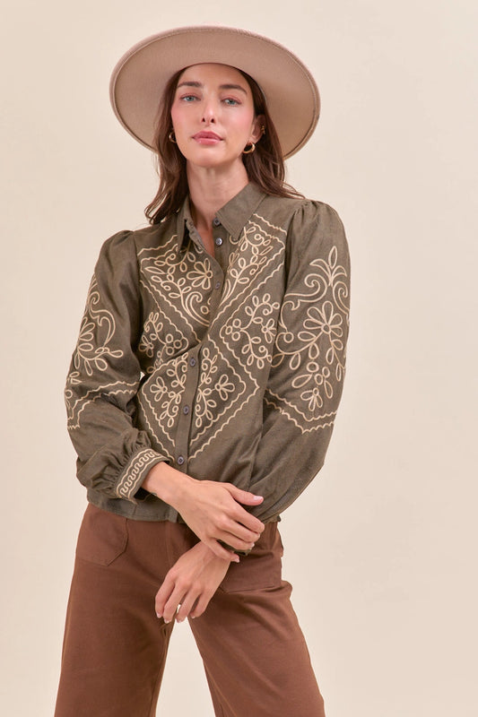 Suede Embroidered Button Up Top In Olive