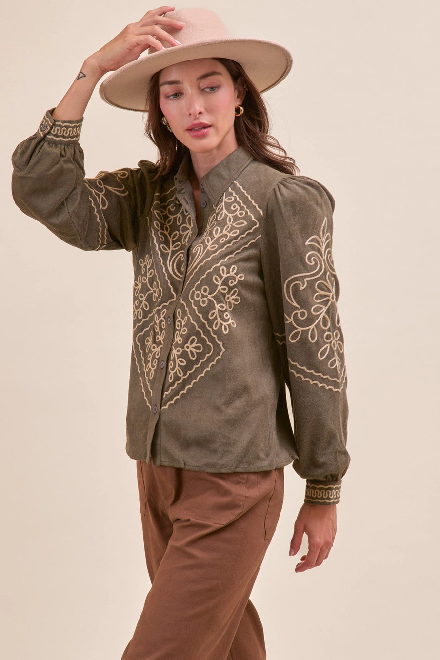 Suede Embroidered Button Up Top In Olive