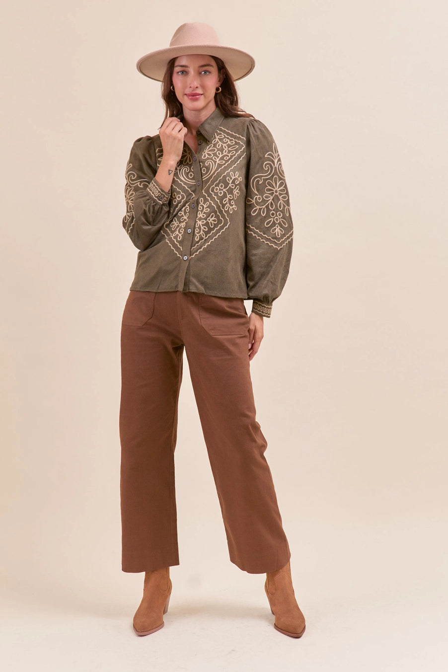 Suede Embroidered Button Up Top In Olive