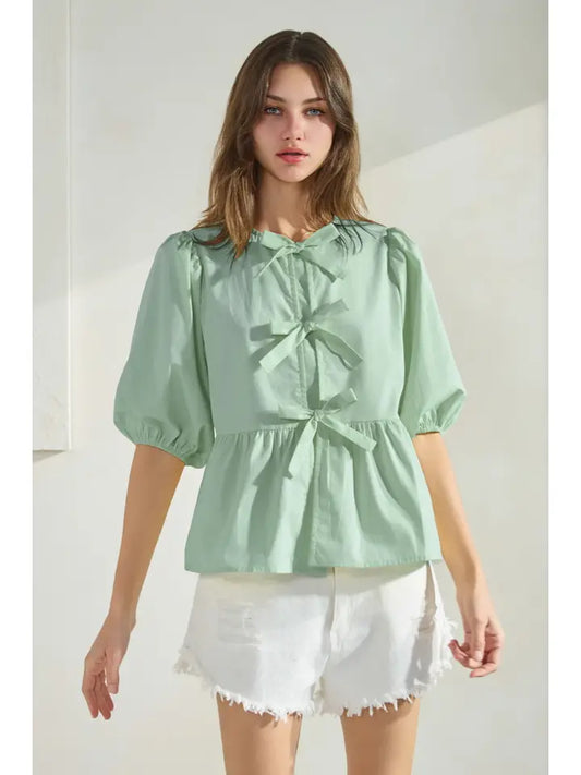 Tie Front Peplum Top in Sage