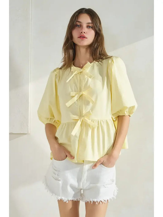 Front Tie Poplin Top in Pale Yellow