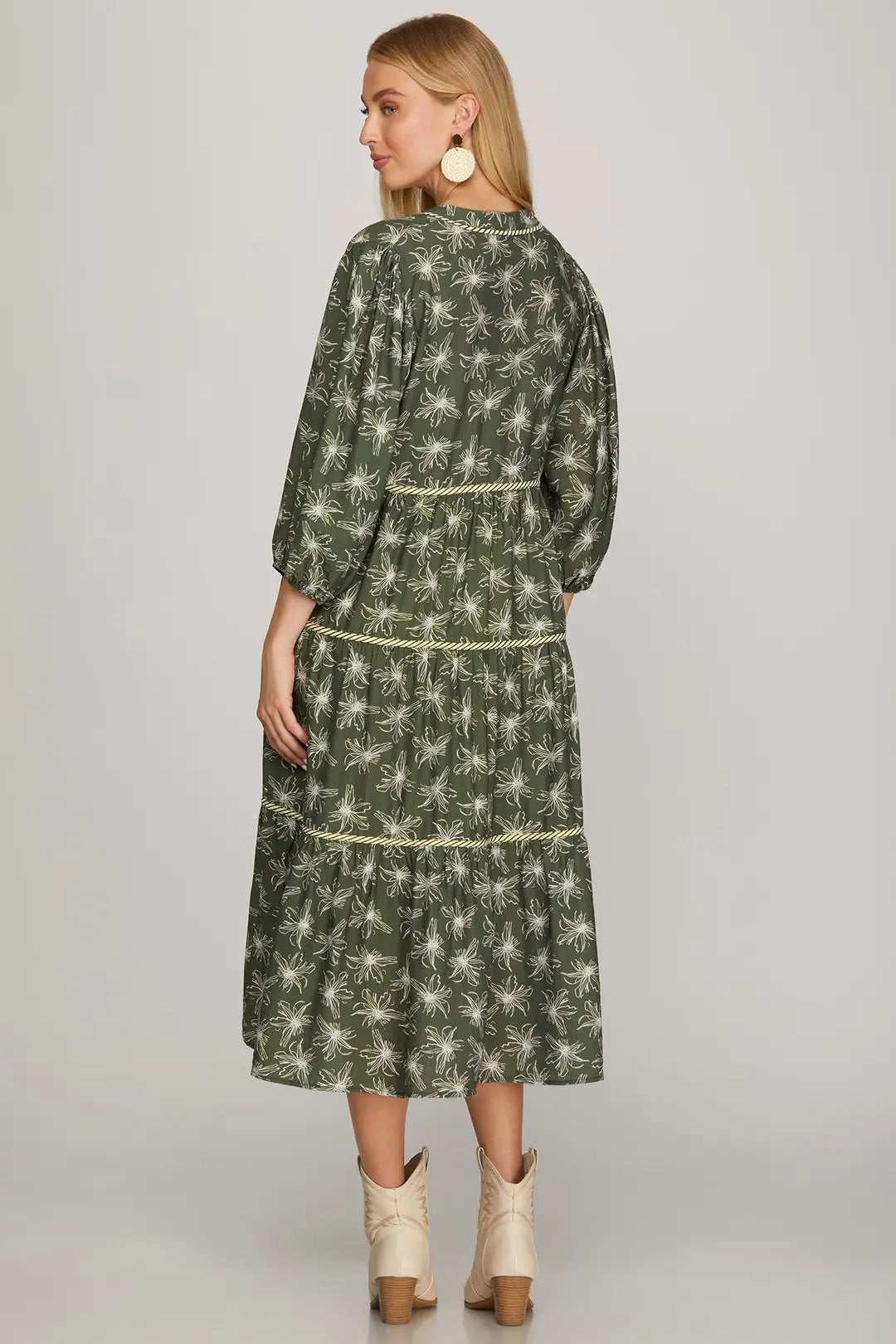 Floral Tiered Midi Dress in Olive