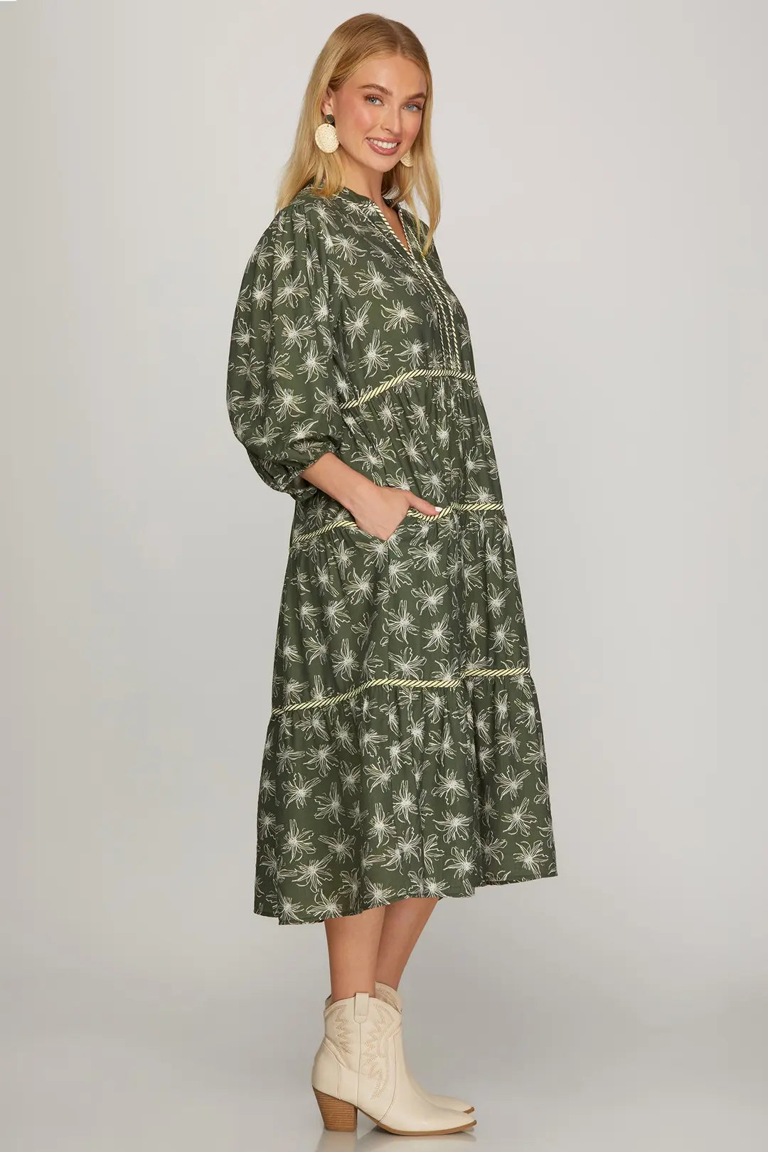 Floral Tiered Midi Dress in Olive