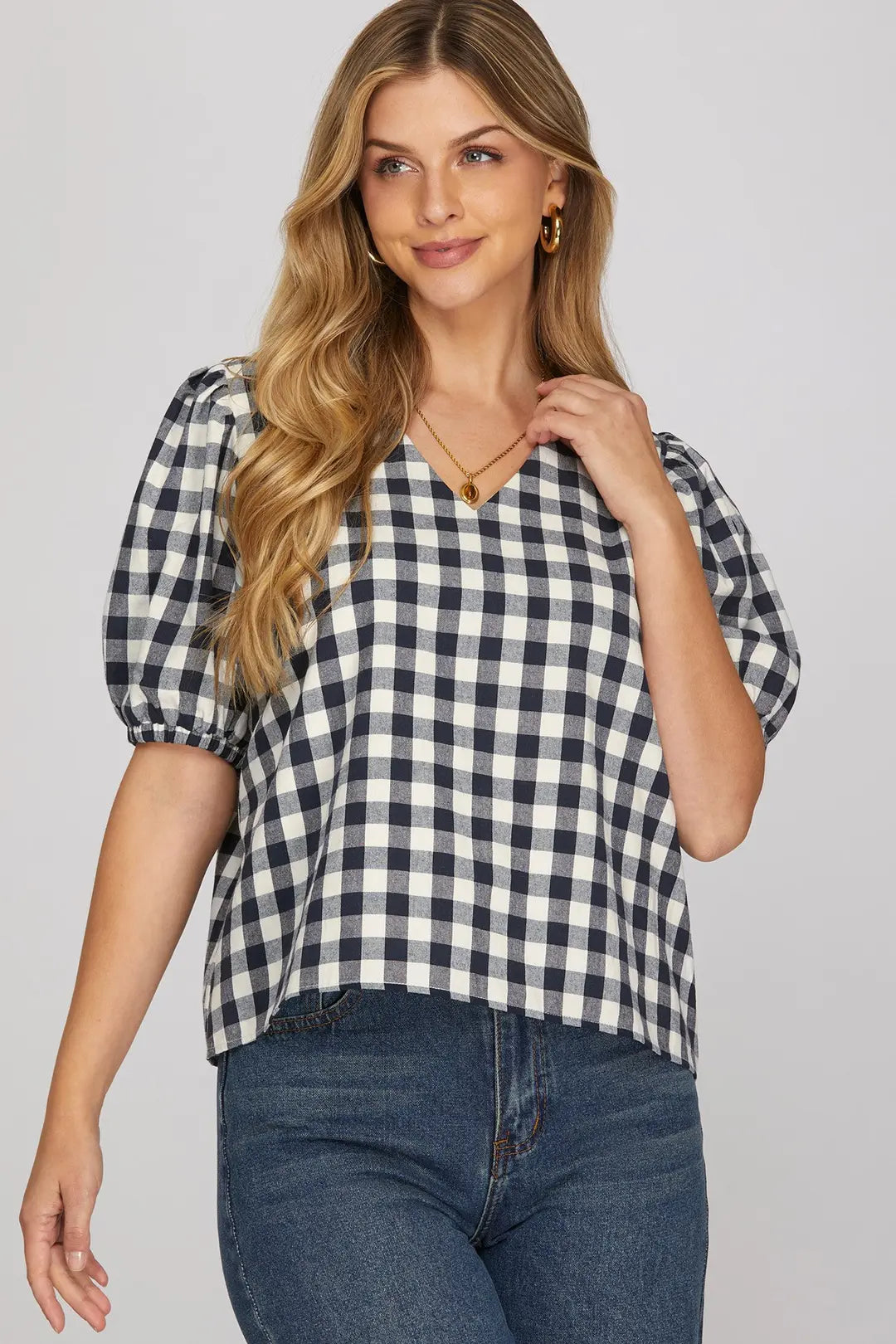 Puff Sleeve Gingham Checkered Top in Navy