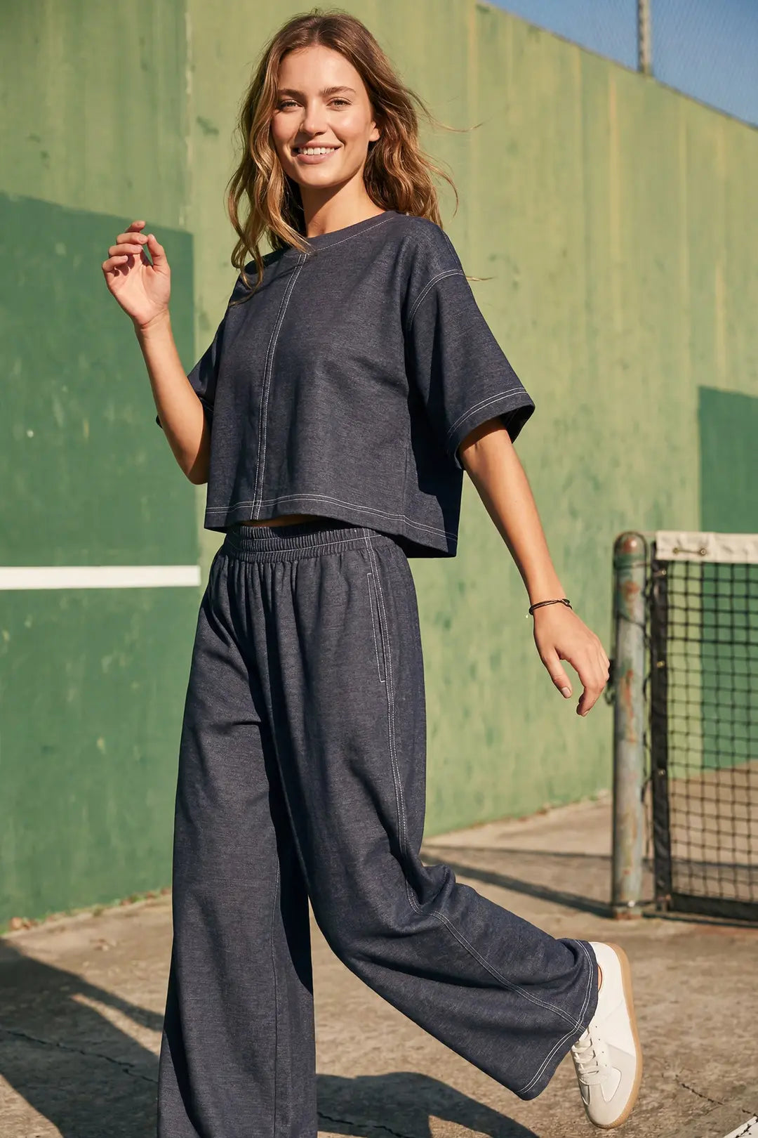Short Sleeve Denim Set with Top Stitch Detail