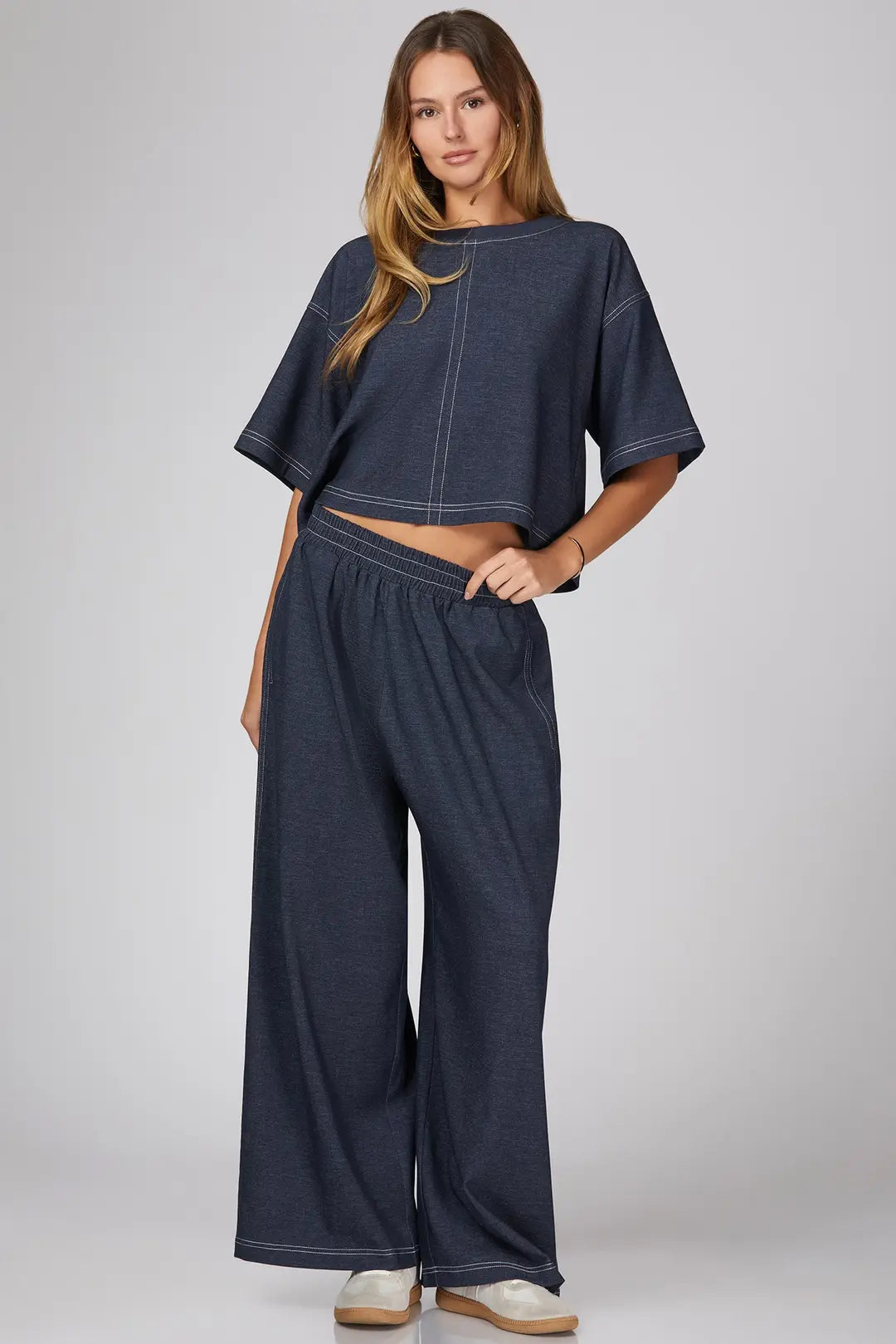Short Sleeve Denim Set with Top Stitch Detail
