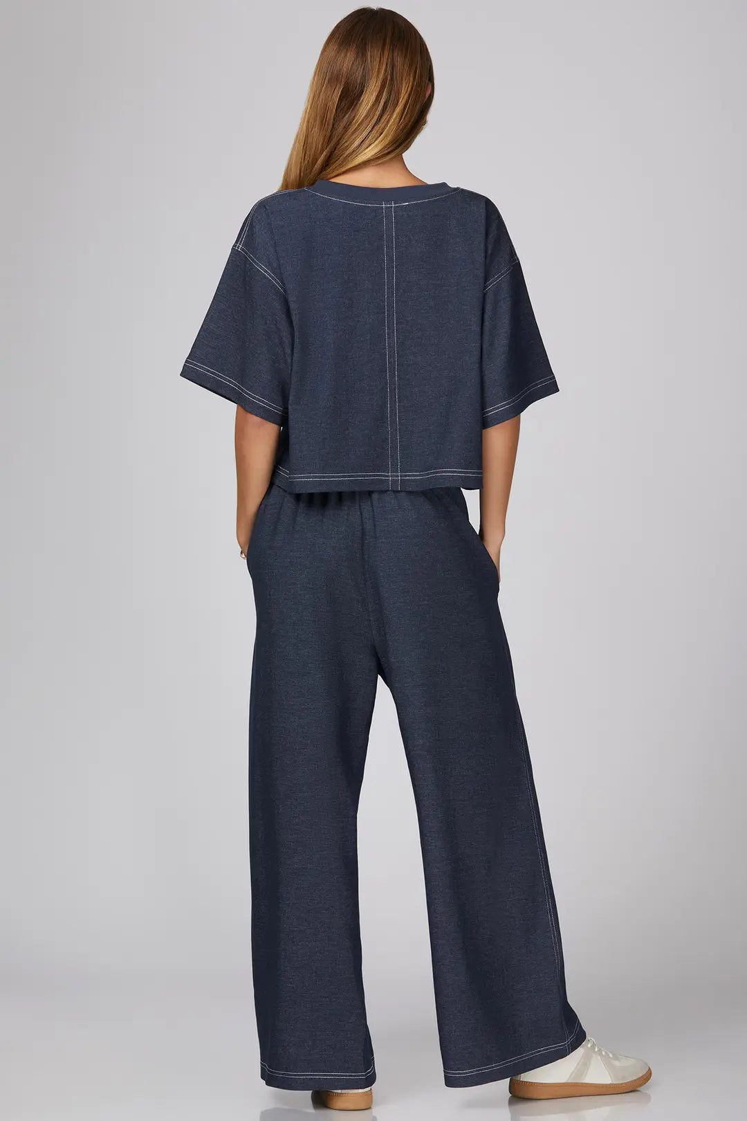 Short Sleeve Denim Set with Top Stitch Detail