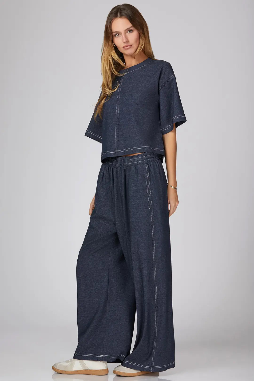 Short Sleeve Denim Set with Top Stitch Detail