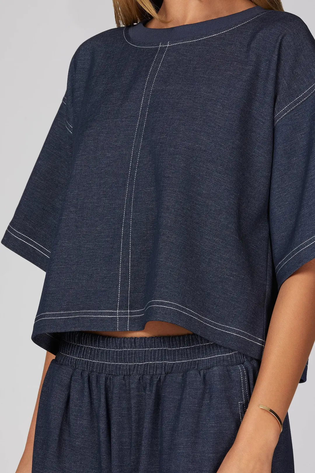 Short Sleeve Denim Set with Top Stitch Detail