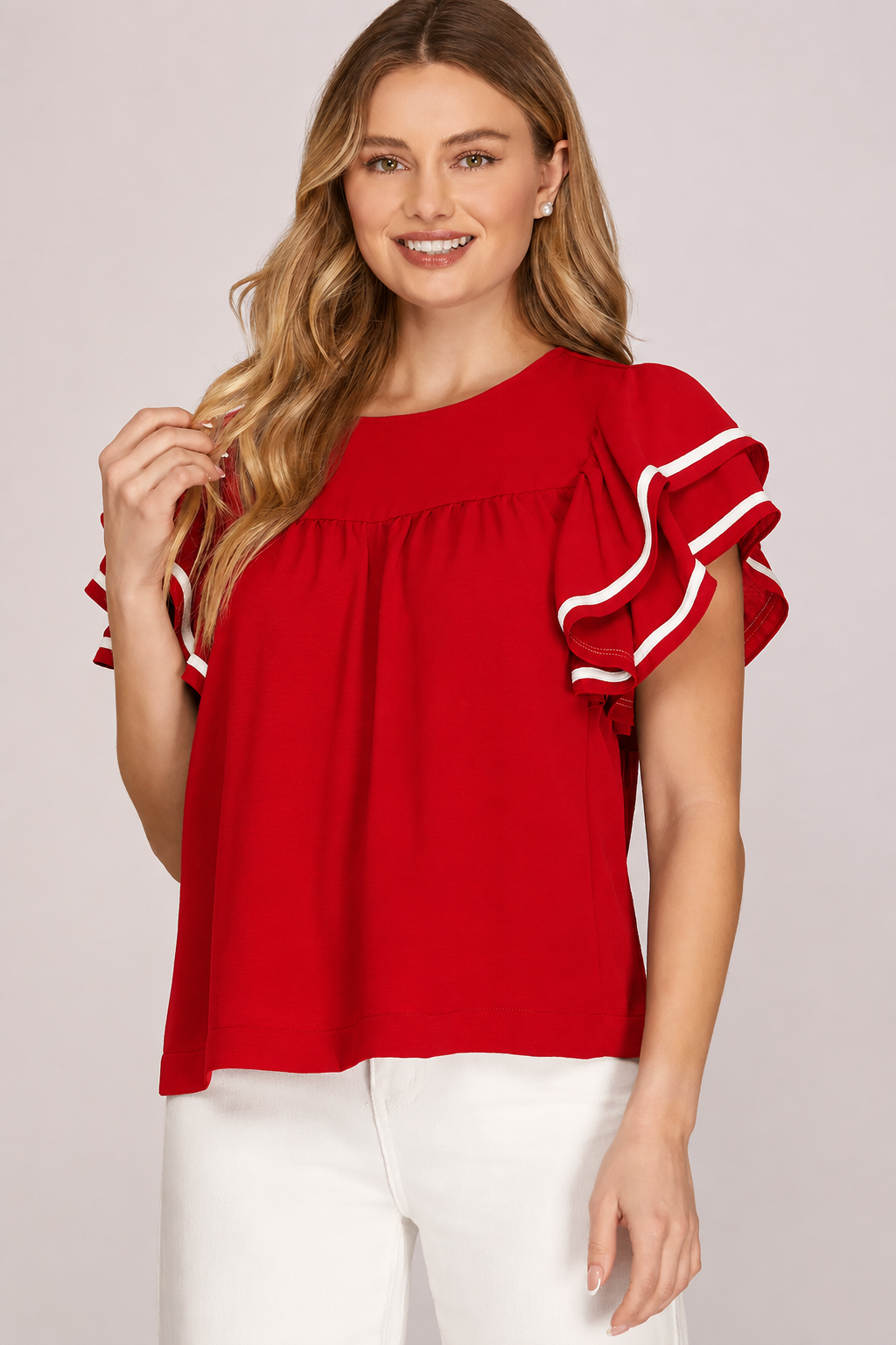 Game Day Ruffle Sleeve Top in Red