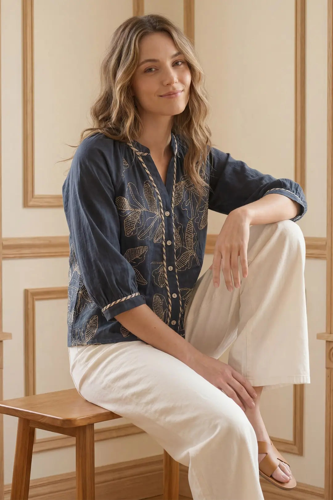 Half Sleeve Embroidered Top in Navy