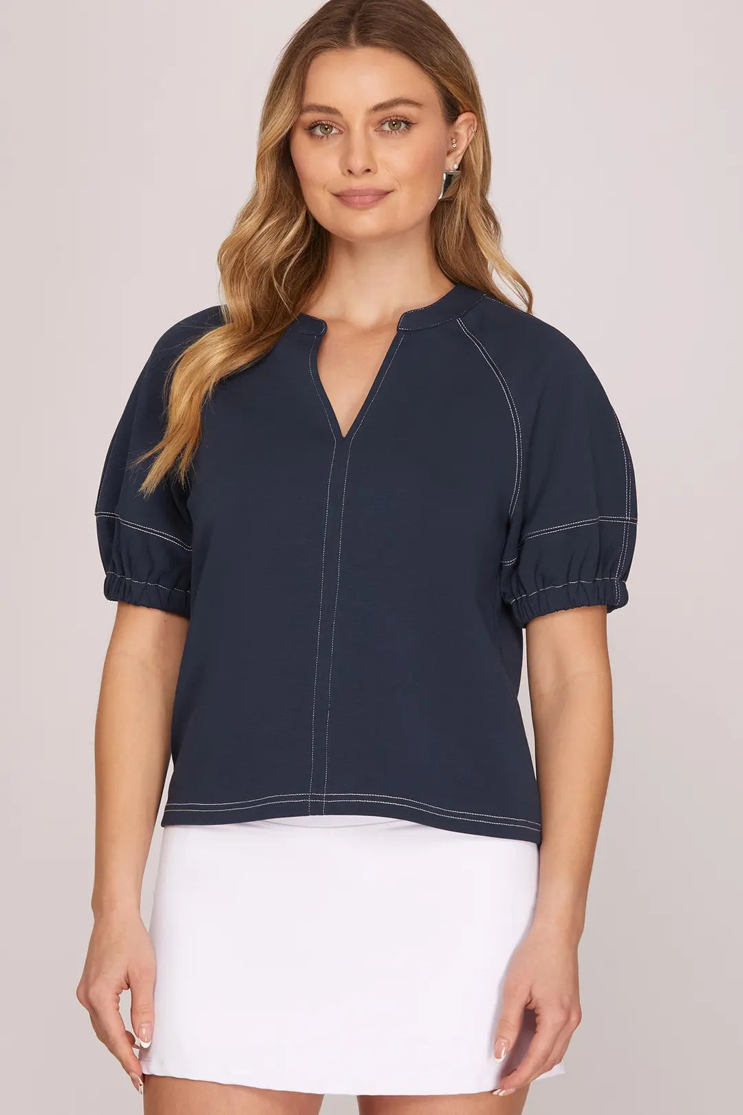 Knit Top With Detail Stitching in Navy