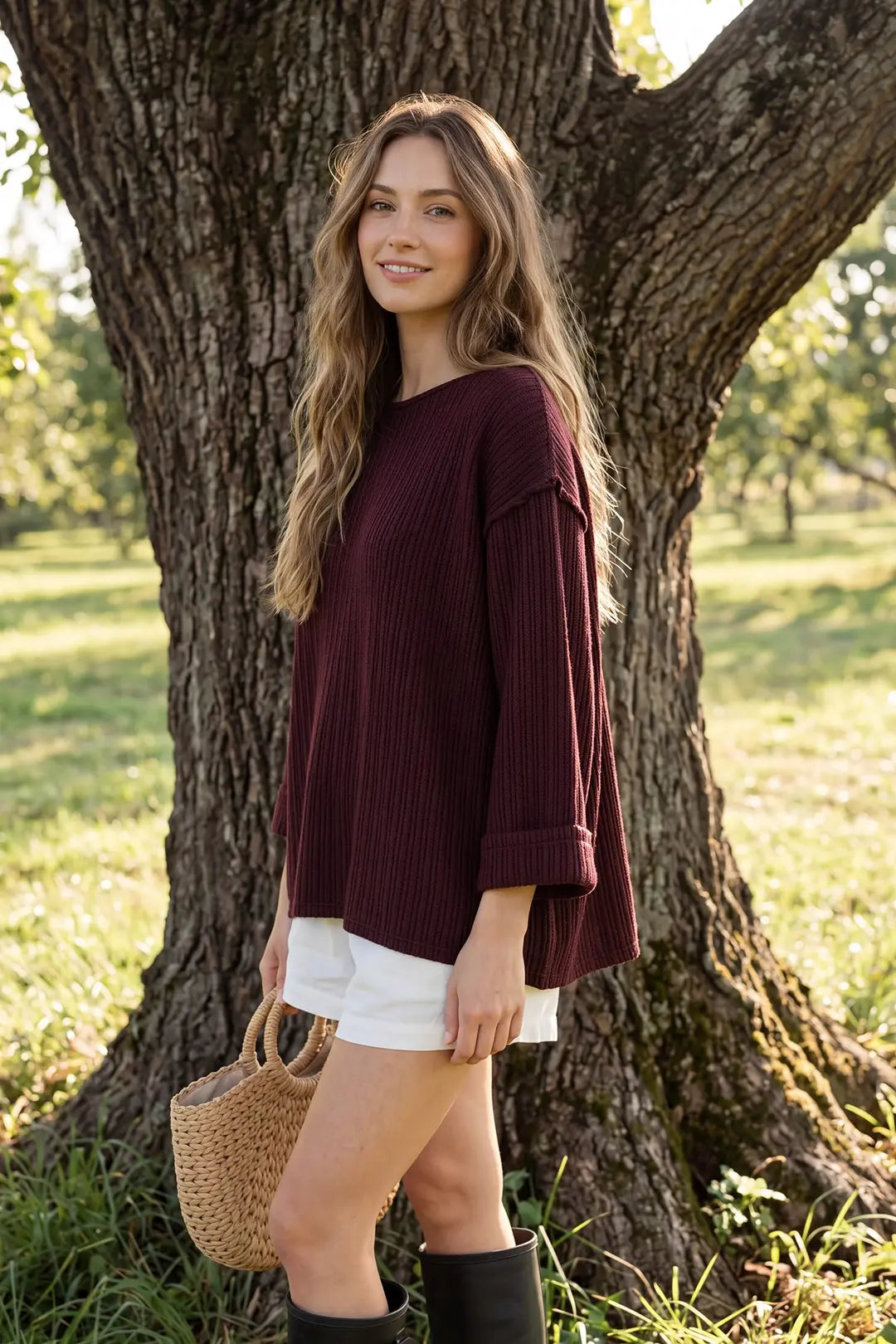3/4 Sleeve Knitted Top in Plum