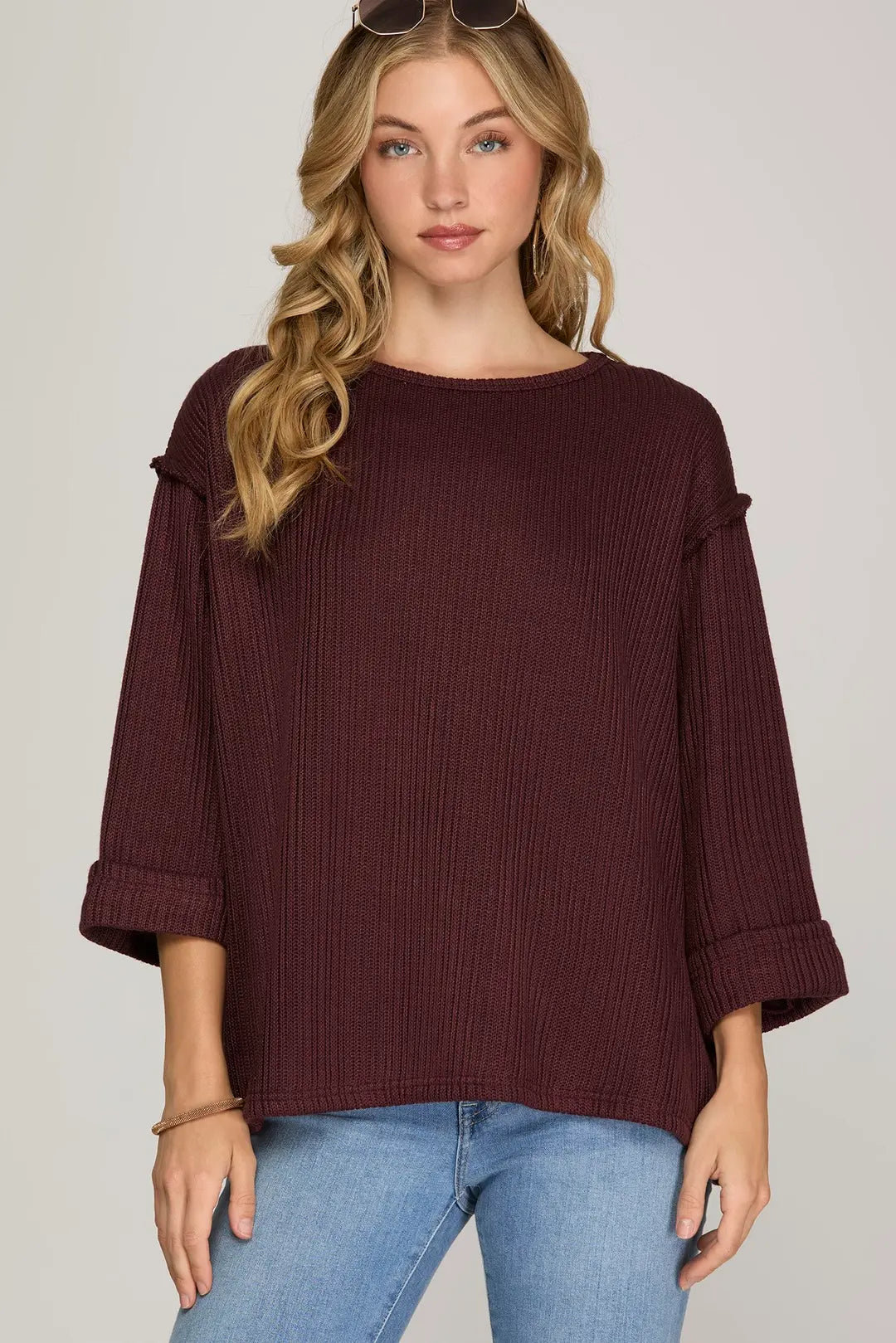 3/4 Sleeve Knitted Top in Plum