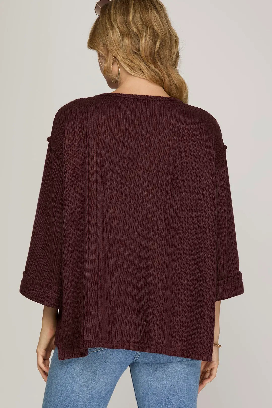 3/4 Sleeve Knitted Top in Plum