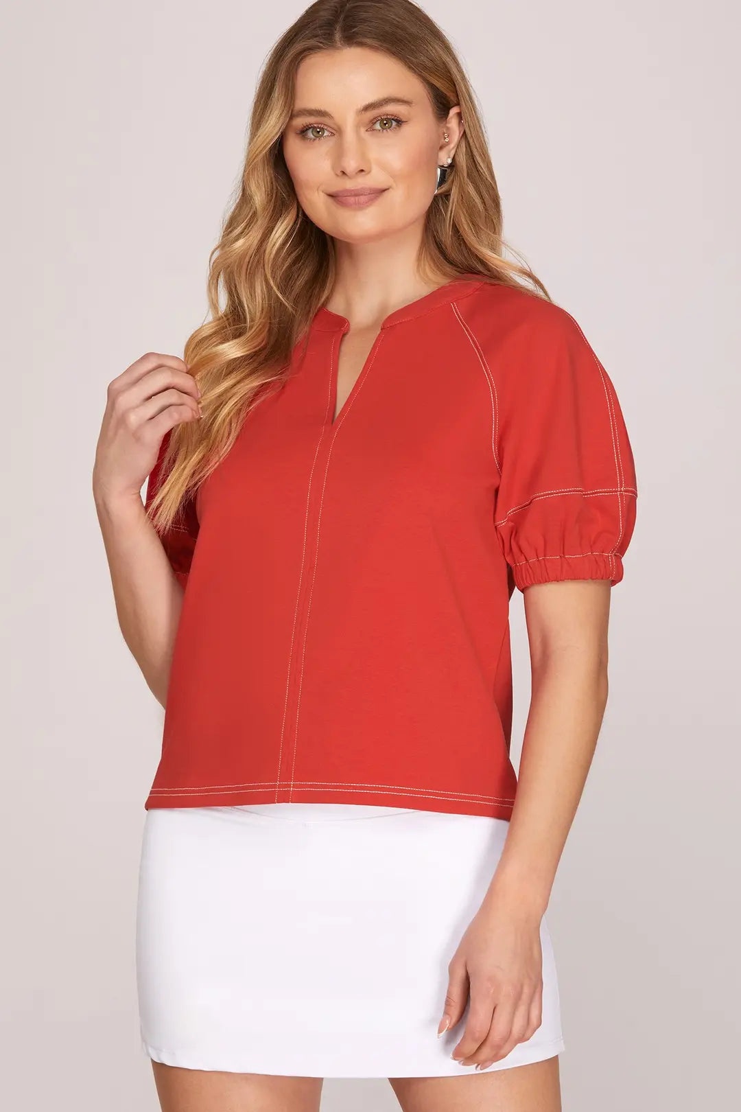 Knit Top with Stitching Detail in Red