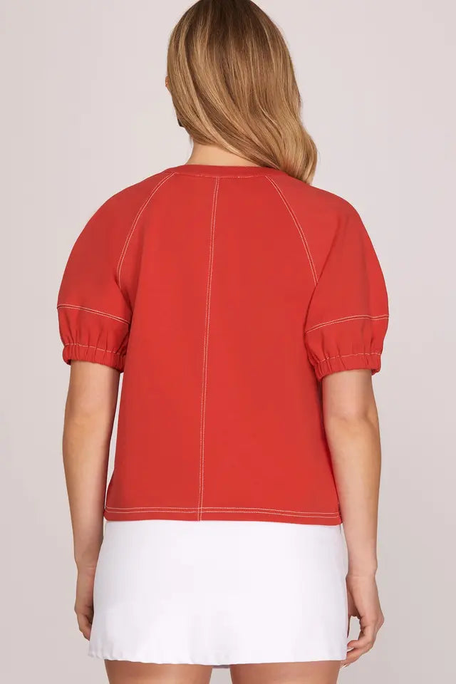 Knit Top with Stitching Detail in Red