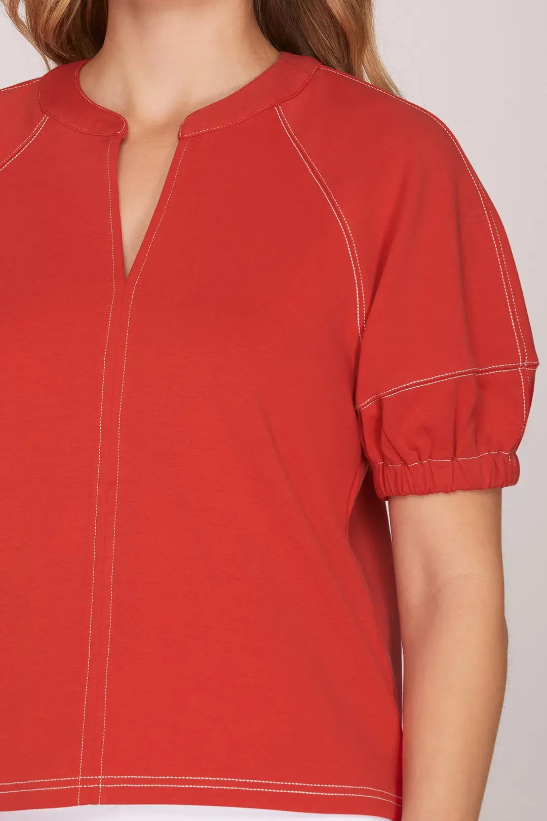 Knit Top with Stitching Detail in Red