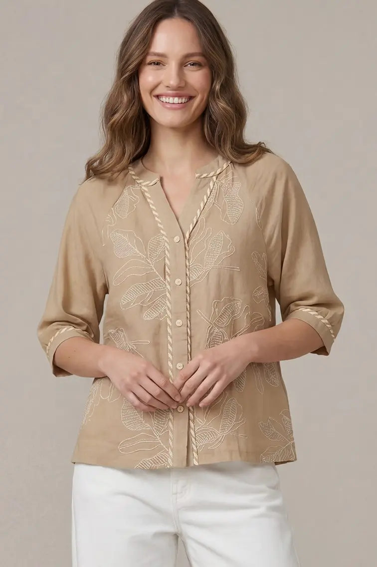 Half Sleeve Embroidered Top in Taupe