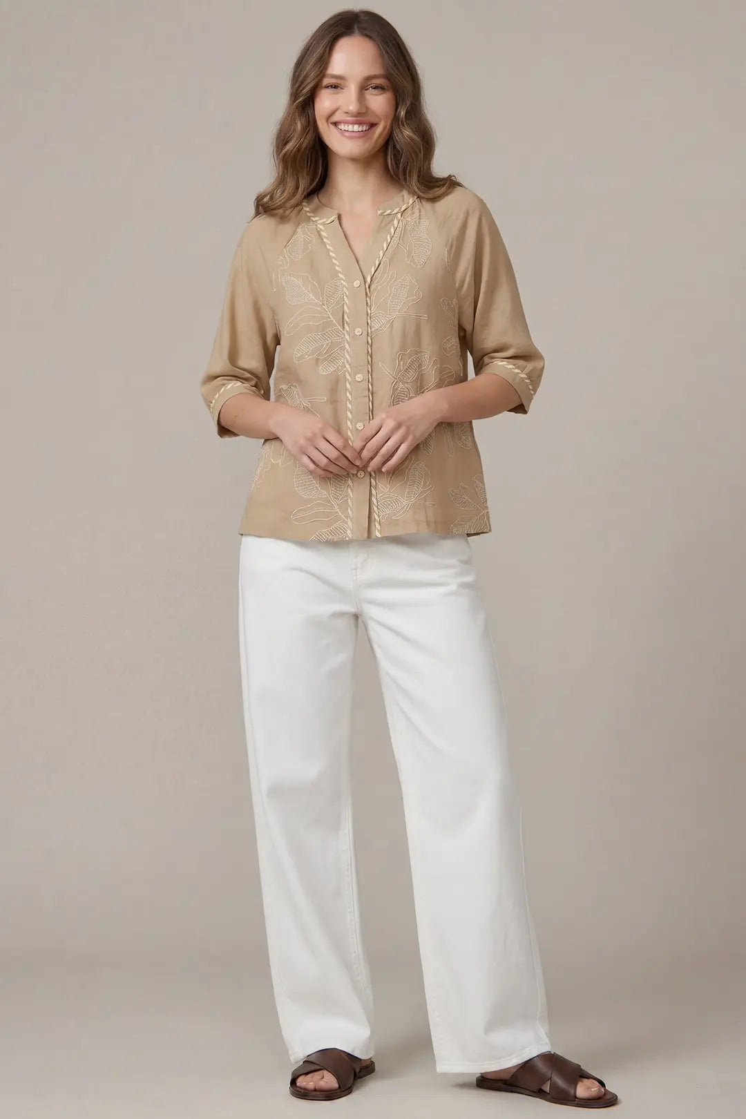 Half Sleeve Embroidered Top in Taupe