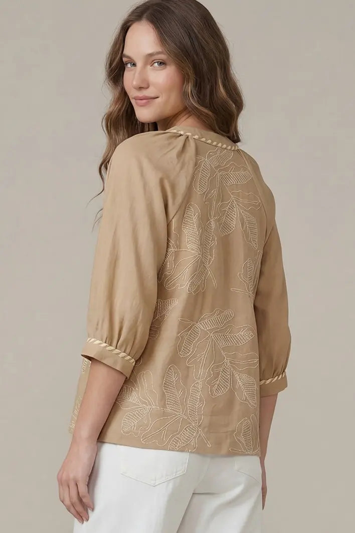 Half Sleeve Embroidered Top in Taupe