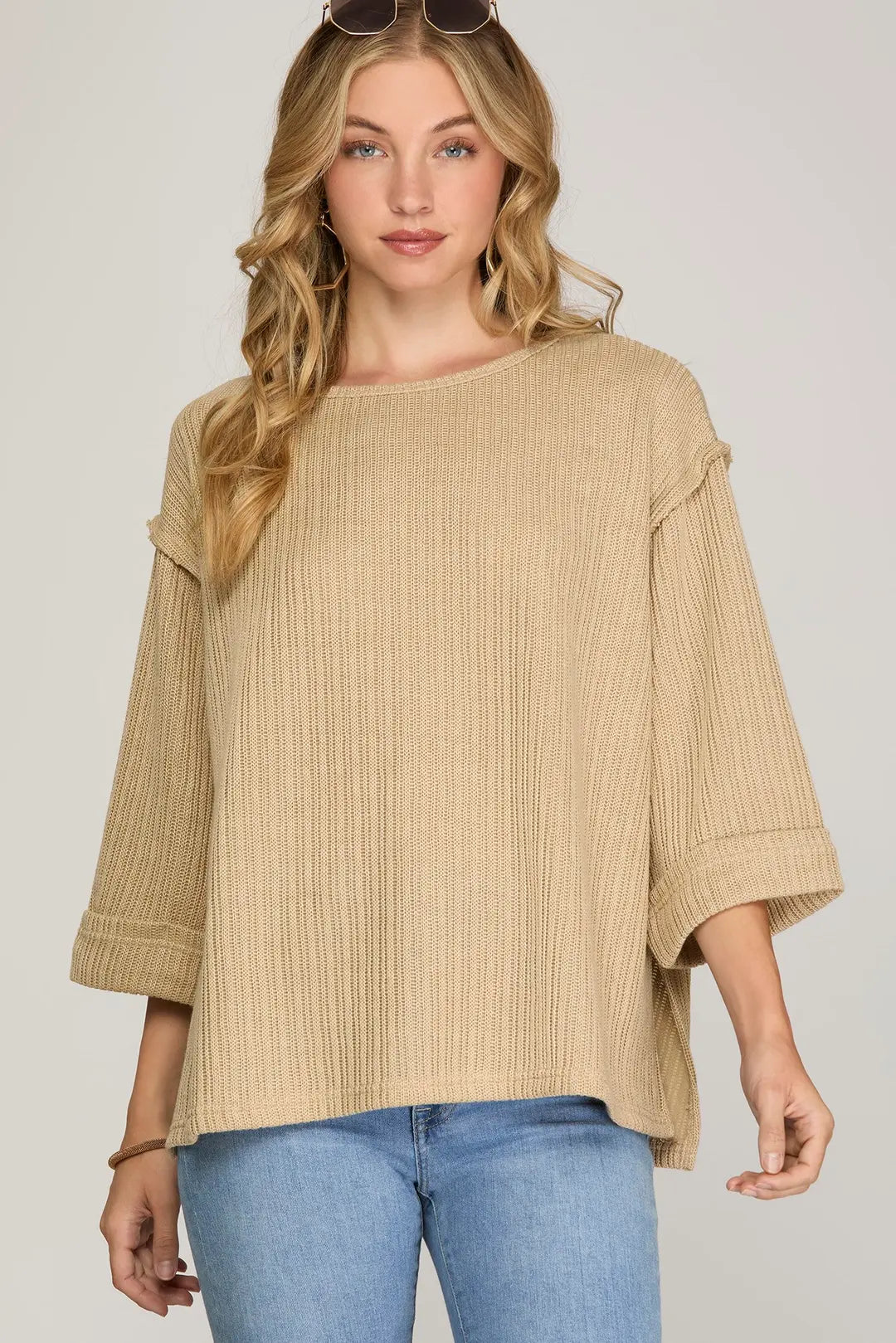 3/4 Sleeve Knitted Top in Taupe